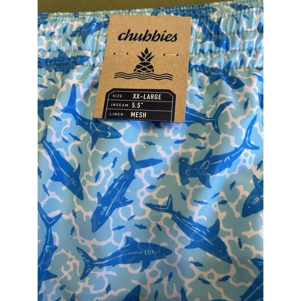 Chubbies The Shark Sides Swim Trunks Blue Shark Print NWT Men’s XXL